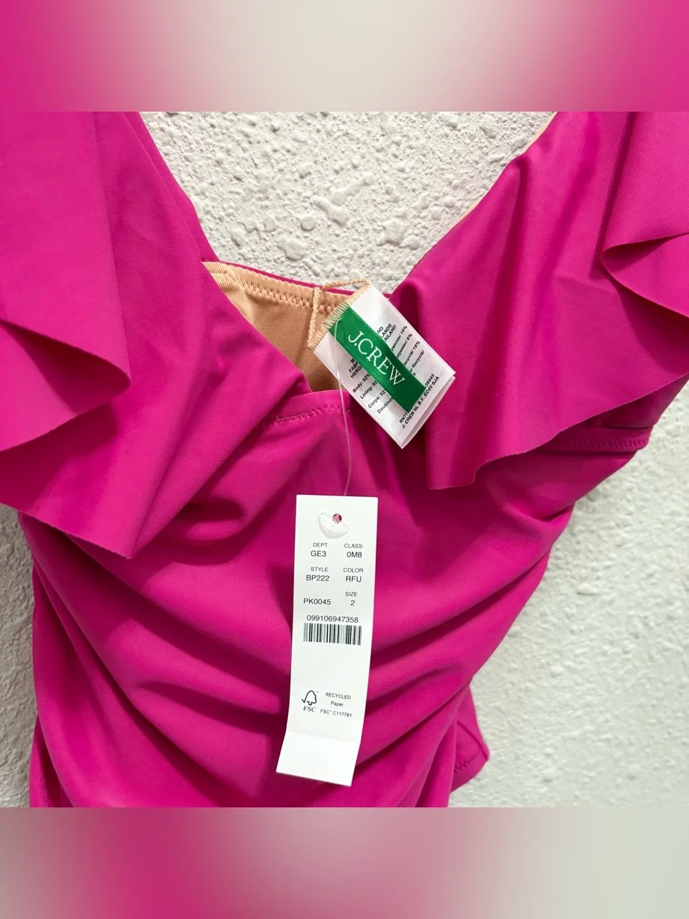 J Crew Womens Ruched Ruffle One Piece Swimsuit in Fuchsia Pink Size 2 NWT